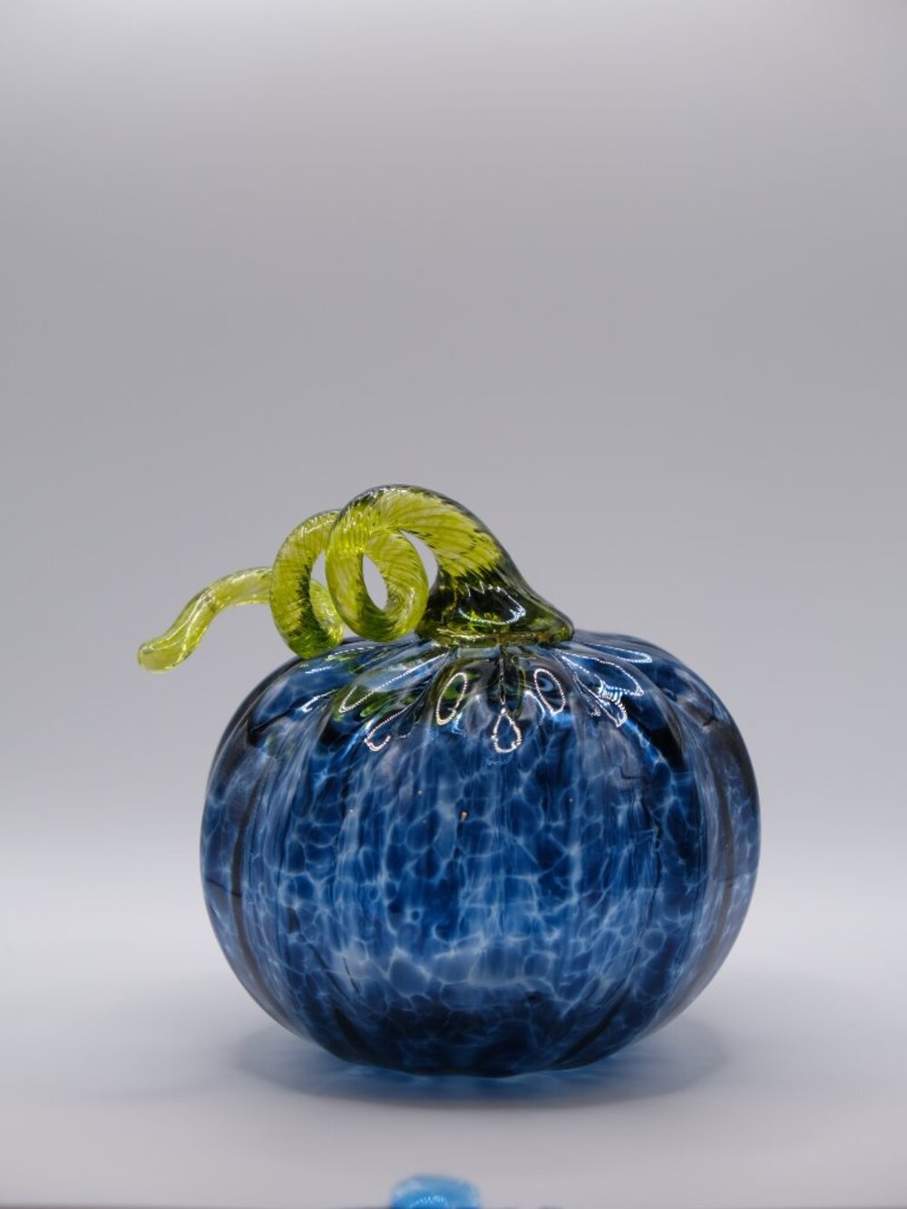Hand-Blown Glass Pumpkin | Medium Size | Dark Blue Swirl with Green Stem - Picture 13 of 14